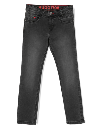 Hugo Kids' Straight-leg Logo-patch Jeans In Grey