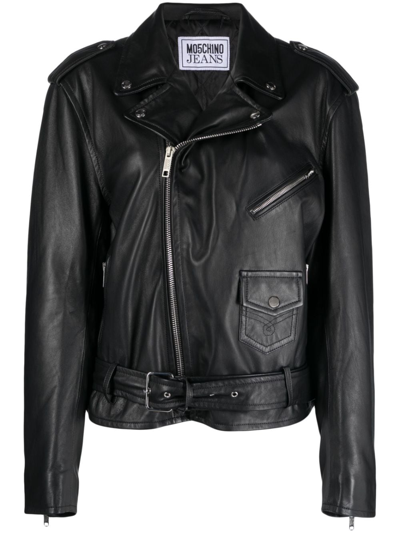 Moschino Jeans Peace-sign Leather Biker Jacket In Black