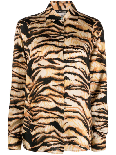 Roberto Cavalli Tiger Printed Satin Shirt In Multicolor