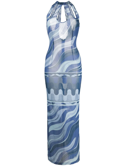 Pucci Swirl-print Cut-out Mesh Dress In Blue
