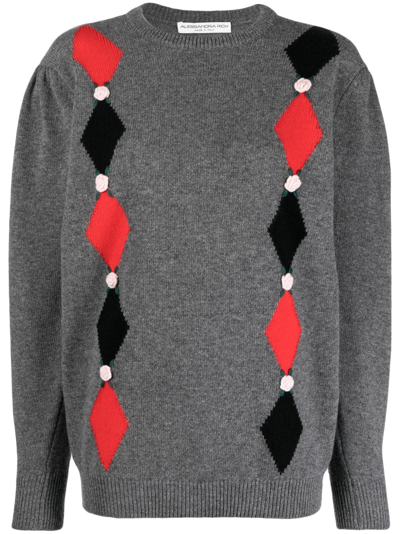 Alessandra Rich Diamond Knitted Jumper With Embrodery In Gray