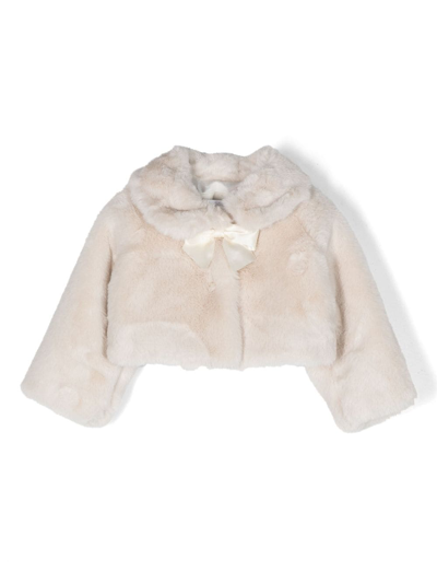 Monnalisa Babies' Bow-detail Faux-fur Jacket In Panna
