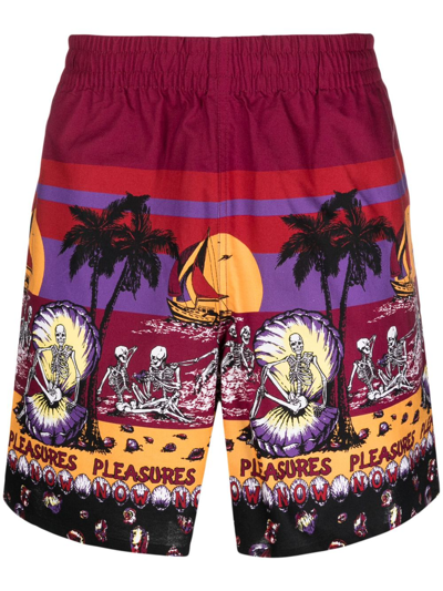 Pleasures Illustration-print Cotton Deck Shorts In Purple