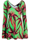 LOUISA BALLOU RED GREEN FLOWER-PRINT RIBBED MINIDRESS