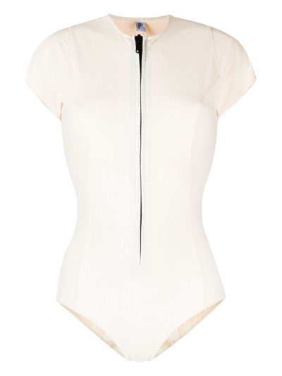 Lisa Marie Fernandez Farrah Short Sleeve Zip One Piece Swimsuit In White/ Pale Blue