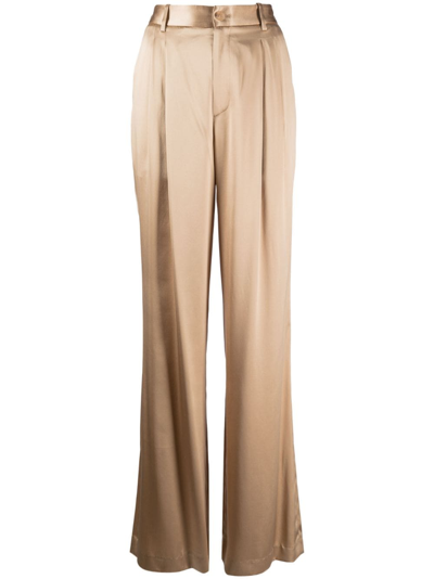 Nili Lotan Flavie Pleated Silk-satin Wide-leg Pants In Green