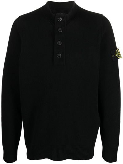 Stone Island Compass-patch Buttoned-up Jumper In Black