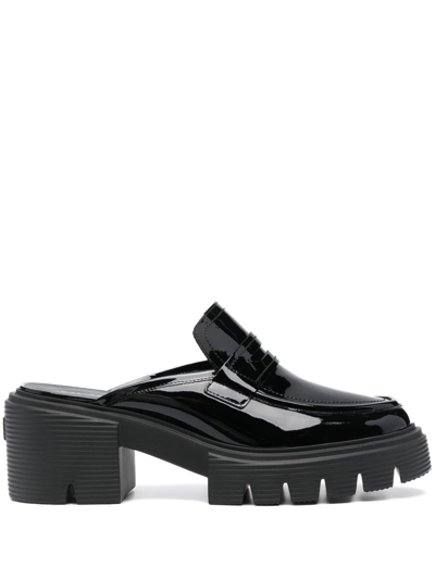 Stuart Weitzman Soho Patent Penny Loafer Mules In Black