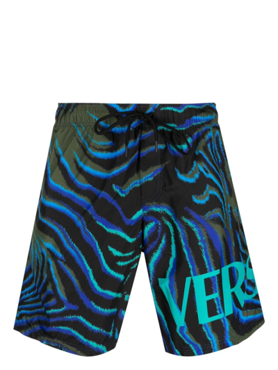 Versace Zebra-print Logo-print Swim Shorts In Black