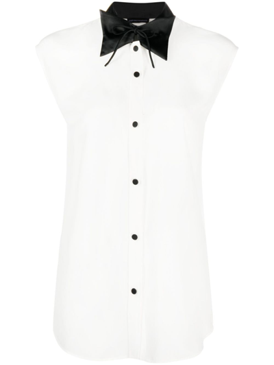 Emporio Armani Bow-collar Sleeveless Silk Shirt In White