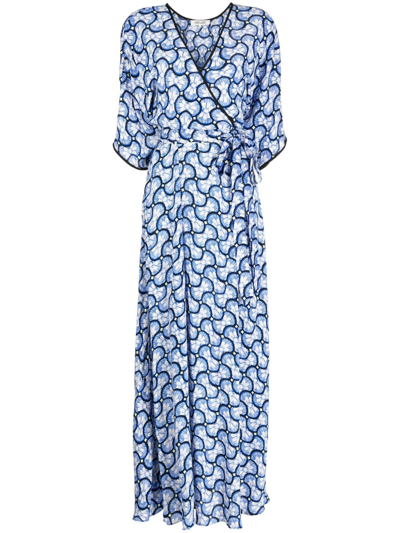 Diane Von Furstenberg Eloise Printed Crepe Maxi Wrap Dress In Blue,white