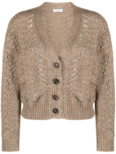 Brunello Cucinelli Cable-knit Embellished Cardigan In Brown