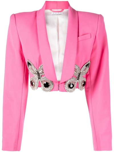 Area Cropped Crystal-embellished Wool-blend Crepe Blazer In Carmine Rose