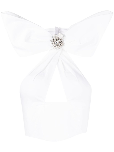 Area Embellished Cotton Bow Halter Top In White