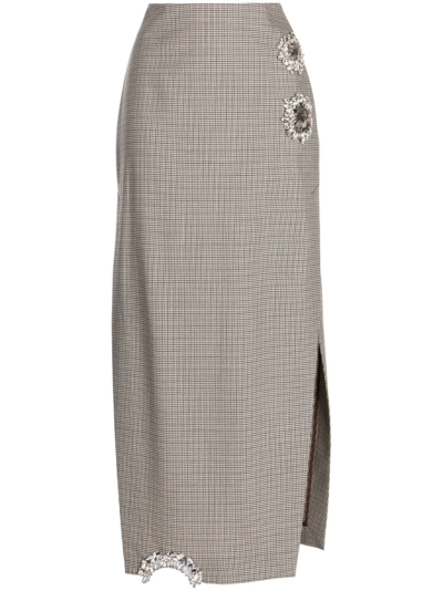 Area Crystal-embellished Cutout Houndstooth Wool Midi Skirt In Brown