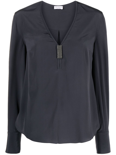 Brunello Cucinelli Bead-detail Silk Blouse In Blue