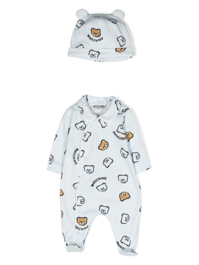 Moschino Leo Teddy-print Cotton Babygrow Set In Blue