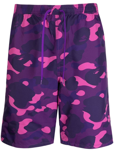 A Bathing Ape 迷彩图案抽绳短裤 In Purple