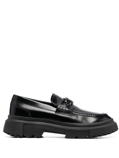 Hogan Logo-plaque Leather Loafers In Black