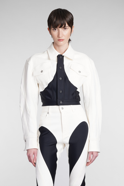 Mugler Cropped Stretch Jersey-paneled Denim Jacket In Beige