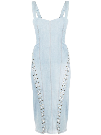 Fleur Du Mal Denim Lace Up Dress In Light Wash Denim