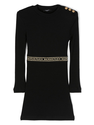 Balmain Kids' Knit Dress With Logo In Nero