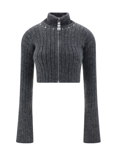 Alessandra Rich Mohair Blend Knit Crop Cardigan In Grey