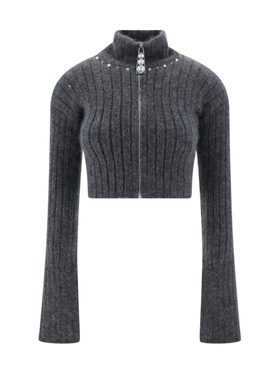 Alessandra Rich Embellished Ribbed-knit Cardigan In Black
