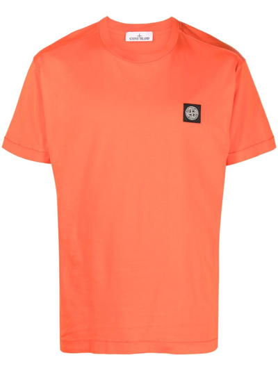 Stone Island Compass-patch Cotton T-shirt In Orange