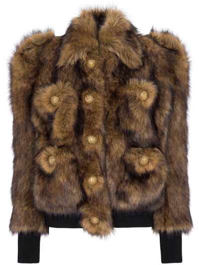 Balmain Short Faux Fur Jacket In Brown