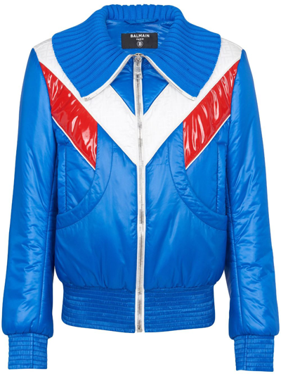 Balmain Monogram-panel Puffer Jacket In Blue