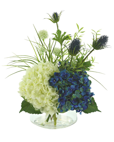 Creative Displays Blue & White Hydrangeas & Thistle Arranged In Glass Vase