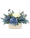 Creative Displays Blue & White Hydrangeas, Heather & Berries Arranged In Ceramic Vase In Blue