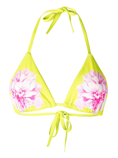 Cynthia Rowley Floral-print Bikini Top In Neon Green