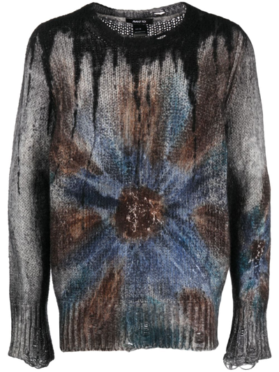 Avant Toi Liquid Art Effect Round Neck Pullover With Destroyed Edges In Blue