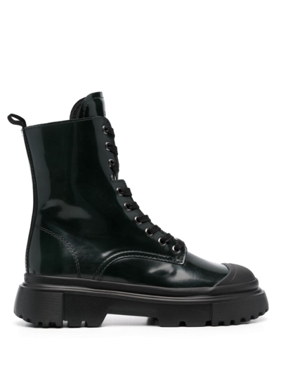 Hogan Lace-up Leather Combat Boots In Black