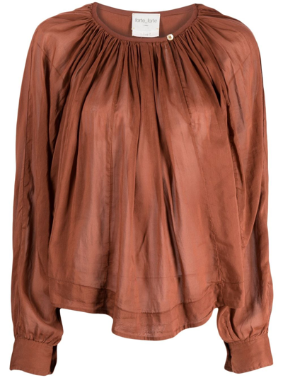 Forte Forte Plissé-effect Gathered-neckline Blouse In Brown