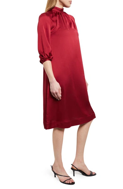 Misook Ruched Mock-neck Blouson-sleeve Midi Dress In Scarlet Red