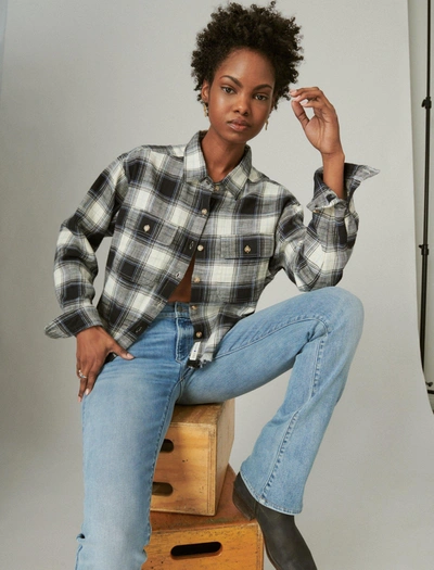 Lucky Brand Women's Raw Edge Plaid Cropped Buttondown Shirt In Black Plaid