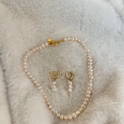 Joey Baby Gold Jackie Pearl Necklace & Jackie Pearl Earrings Set In Silver