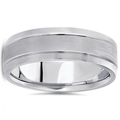 Pompeii3 7mm Mens Brushed Flat Wedding Band 14k White Gold In Silver