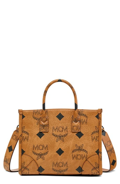 Mcm Munchen Maxi Mn V1 Small Tote Bag In Cognac
