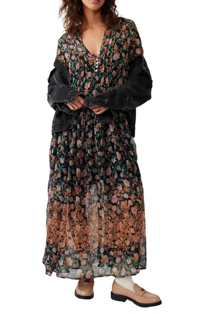 Free People See It Through Floral Long Sleeve Maxi Dress In Black