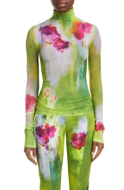 Acne Studios Denise Washed Floral Mesh Funnel Neck Top In Green