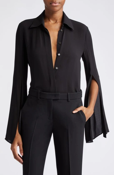 Michael Kors Split Sleeve Silk Georgette Button-up Shirt In Black