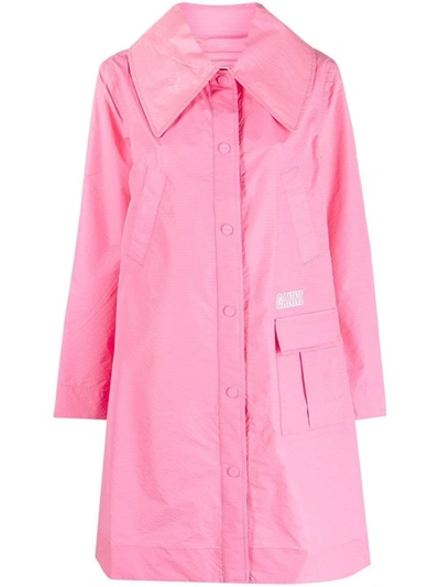 Ganni Logo Print Oversized Lapel Button Front Coat In Pink