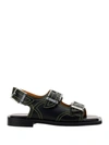 Ganni Embroidered Leather Sandals In Black