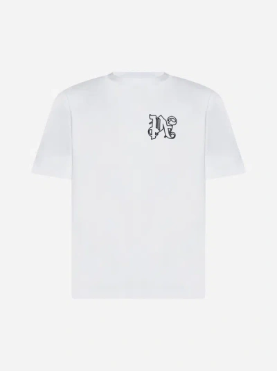 Palm Angels Monogram Cotton T-shirt In White,black