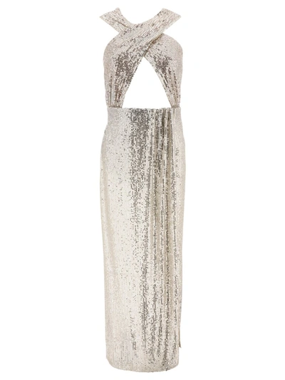 The Andamane Sequined Halterneck Midi Dress In Silver