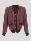 Balmain Monogram-print Checked Wool Cardigan In Blue Marine Foncè/rouge/blanc